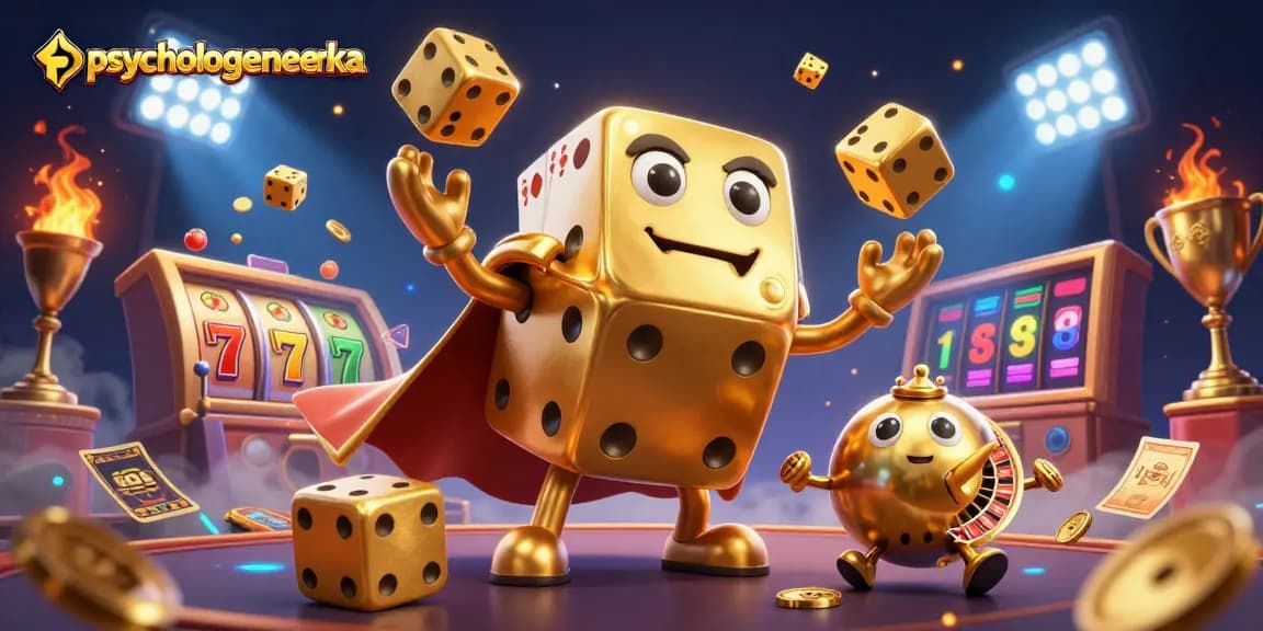 Verken psychologeneureka met een dynamische 3D afbeelding van een gouden dobbelstenen golem en casinospellen.
