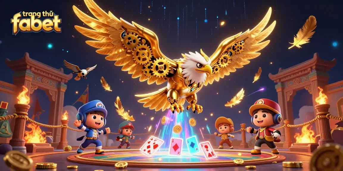 Immerse in the action at trang chủ fabet with a dynamic 3D casino scene of a golden eagle amidst playing cards.