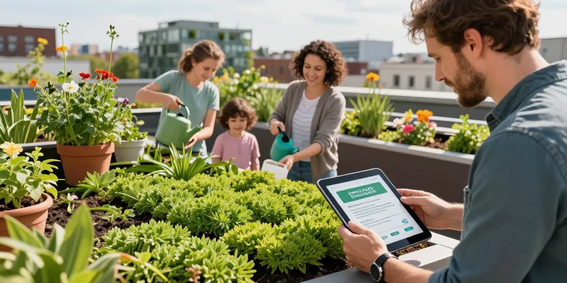 De voordelen van sedum dak subsidie verkennen met familie in een stedelijke daktuin.
