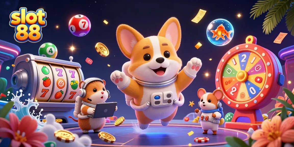 Engage with slot 88's playful 3D illustration of an astronaut corgi in a casino filled with joyful elements.