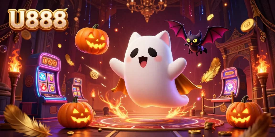 U888 showcases the friendly ghost cat navigating a vibrant haunted casino, lighting up with poker-themed jack-o-lanterns.