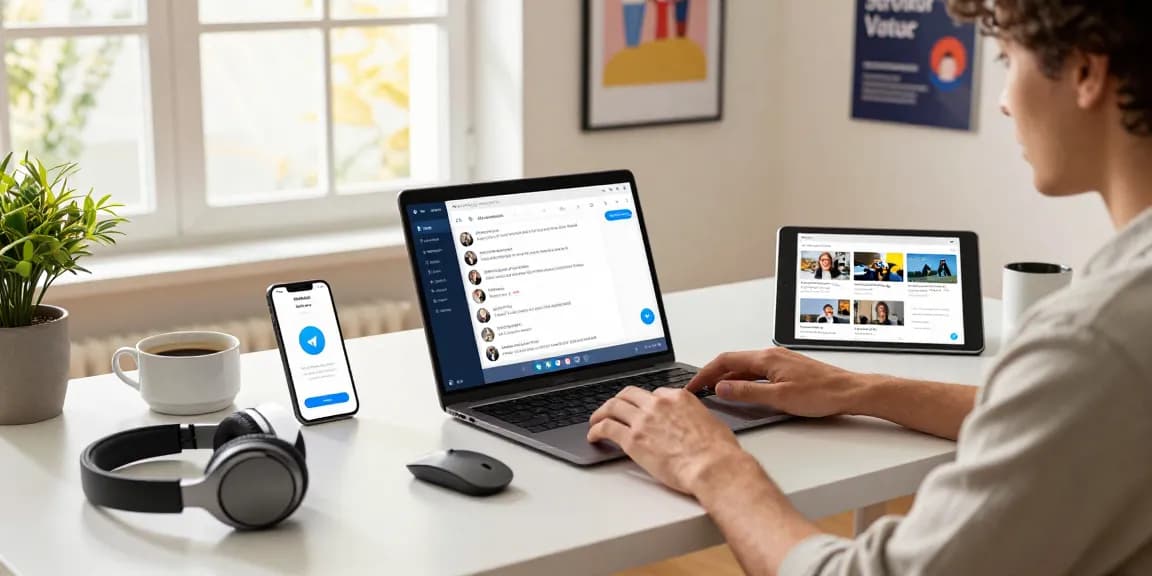 Download Telegram on multiple devices in a modern workspace with a user interacting with the app.