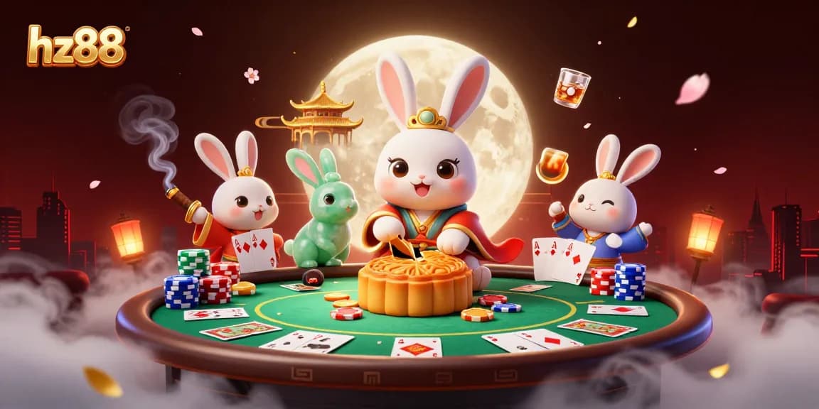 Experience an exciting gambling adventure with hz88 as the moon rabbit reveals poker chips from golden mooncakes, amidst dynamic casino elements.