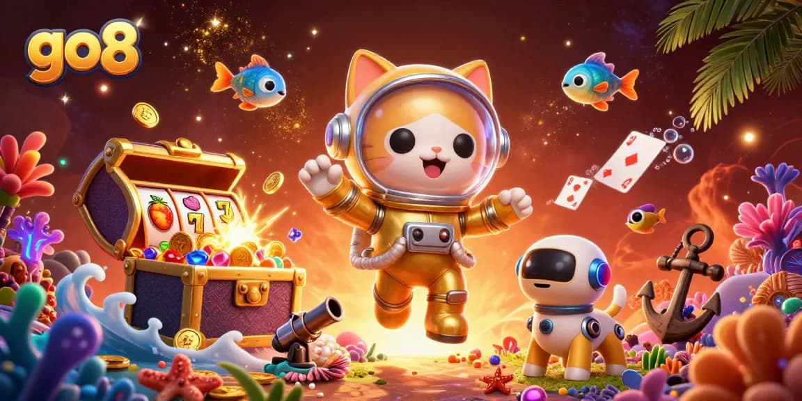 Experience go8 with a vibrant 3D illustration showcasing dynamic casino elements and adventure.