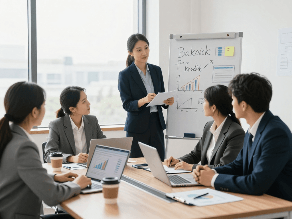 Professionals bespreken zakelijk krediet oplossingen in een moderne kantooromgeving met laptops en notities.