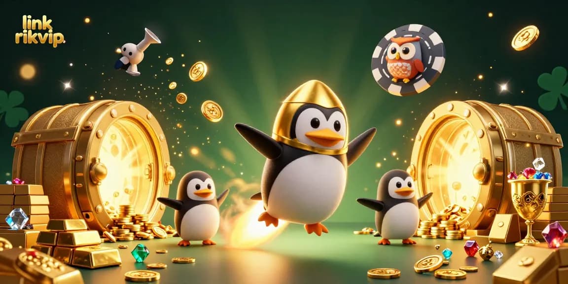 Experience the excitement of link rikvip with a 3D golden penguin and casino treasures!