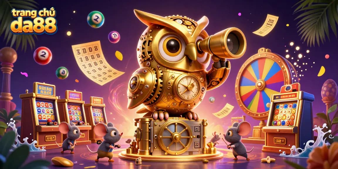 Explore the vibrant trang chủ da88 casino scene with a golden owl and dynamic lottery elements.