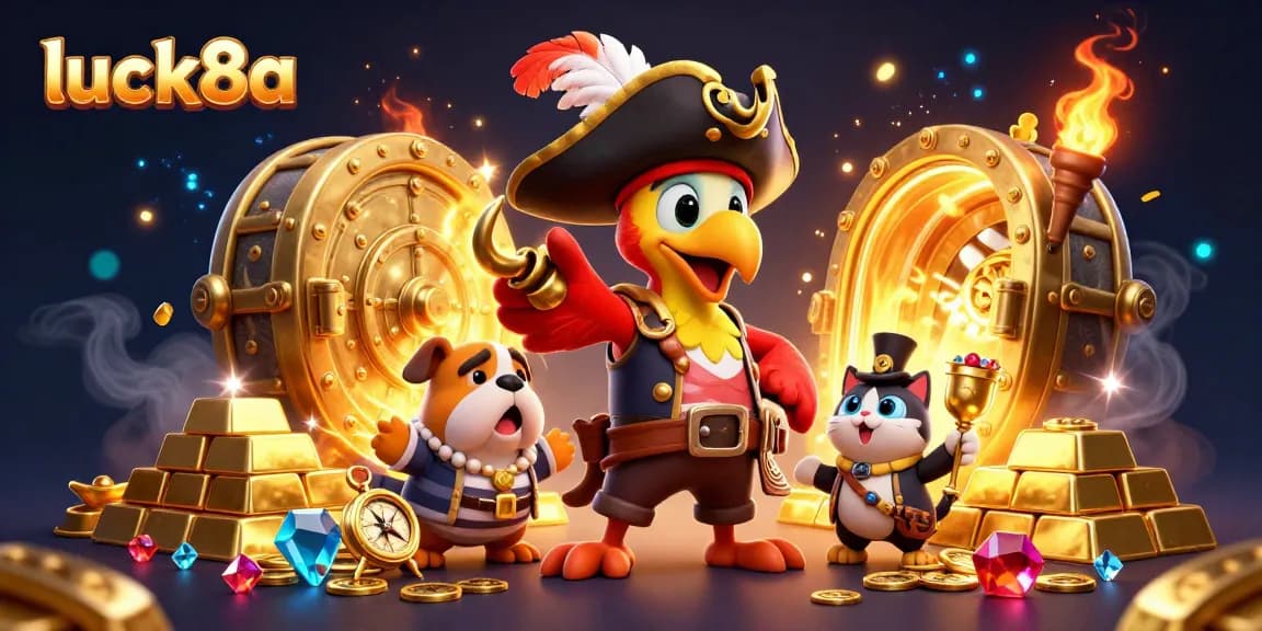 Engage in the thrill of luck8a casino gaming, witnessing a vibrant scene with treasure and characters.
