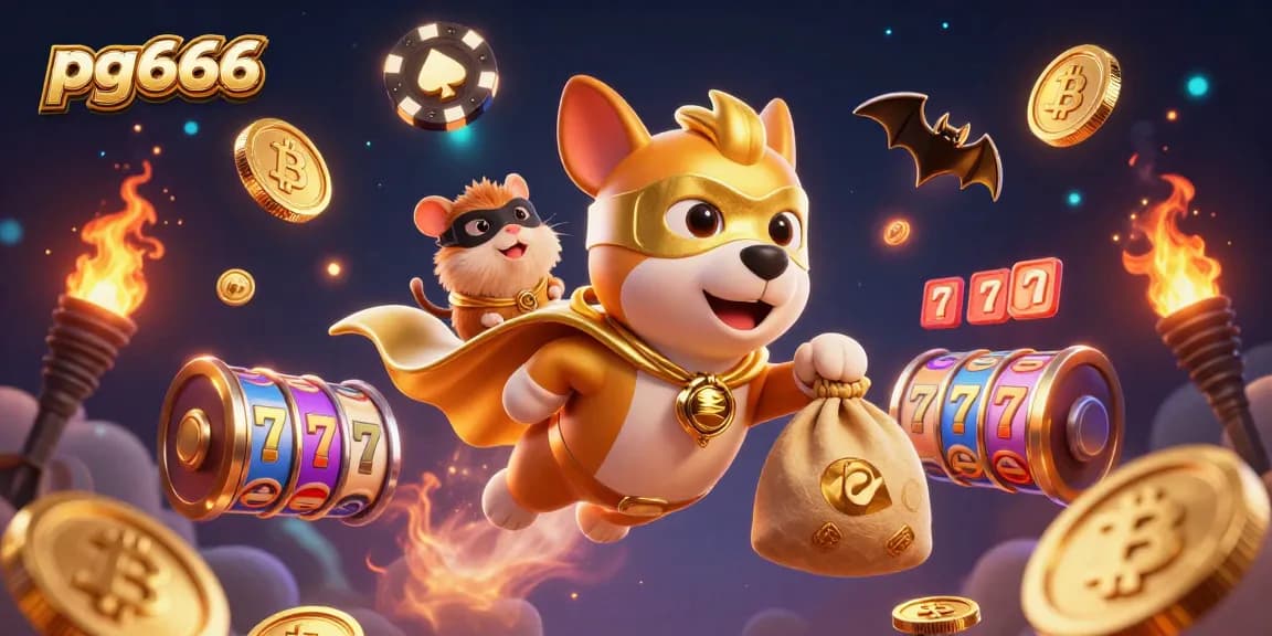 Engage in thrilling gameplay at pg666 with a superhero dog and hamster amidst vibrant 3D casino elements.