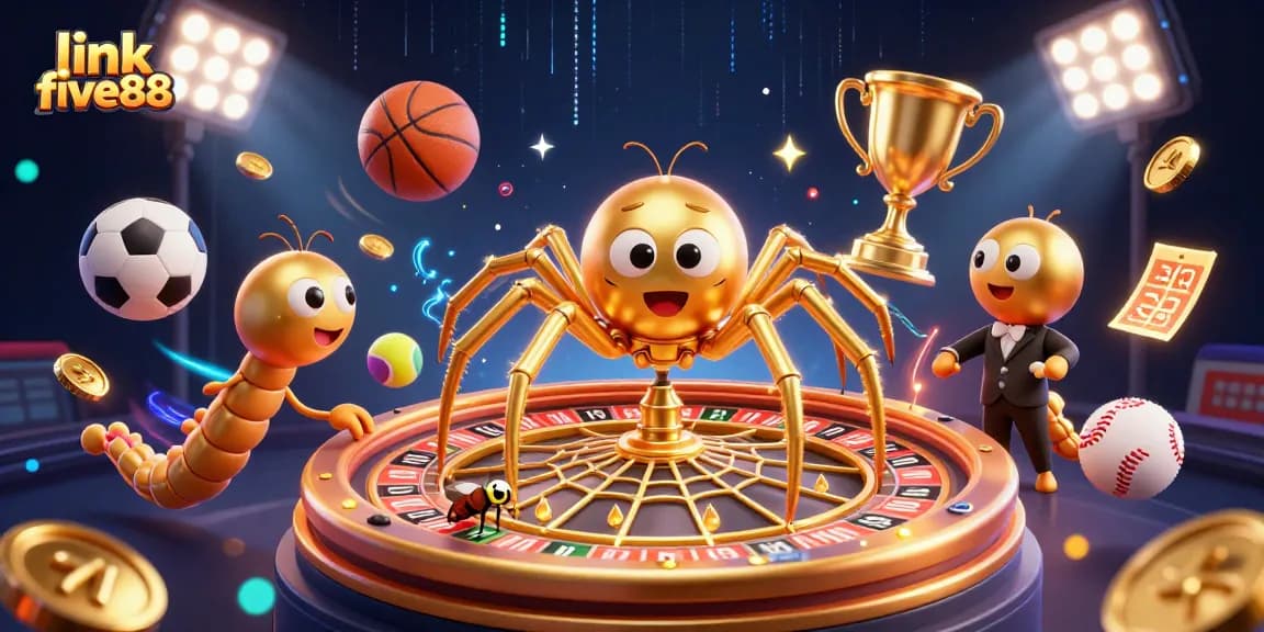 Link five88 showcases an engaging 3D scene of a spider and croupier amidst lively sports betting elements.