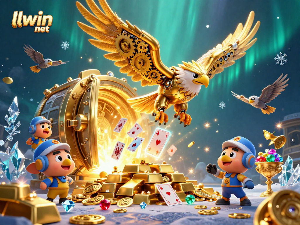 Experience thrilling gameplay with LLWIN net, featuring a dynamic scene of a cybernetic eagle and treasure.