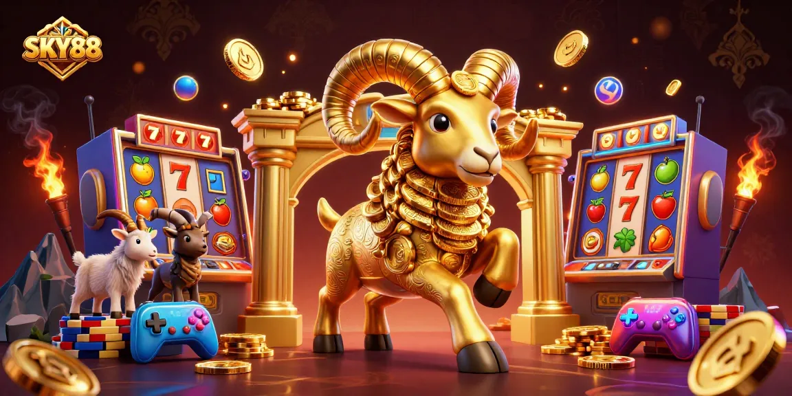 Experience thrilling gameplay with SKY88’s vibrant slot machines featuring golden ram and lucky symbols.
