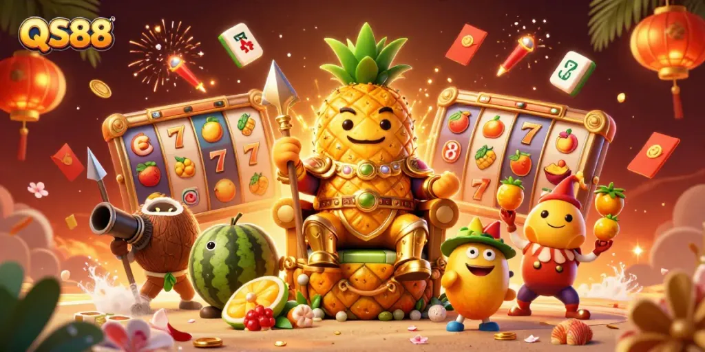Join the excitement at QS88 with thrilling slot games featuring golden pineapple king and vibrant casino elements.