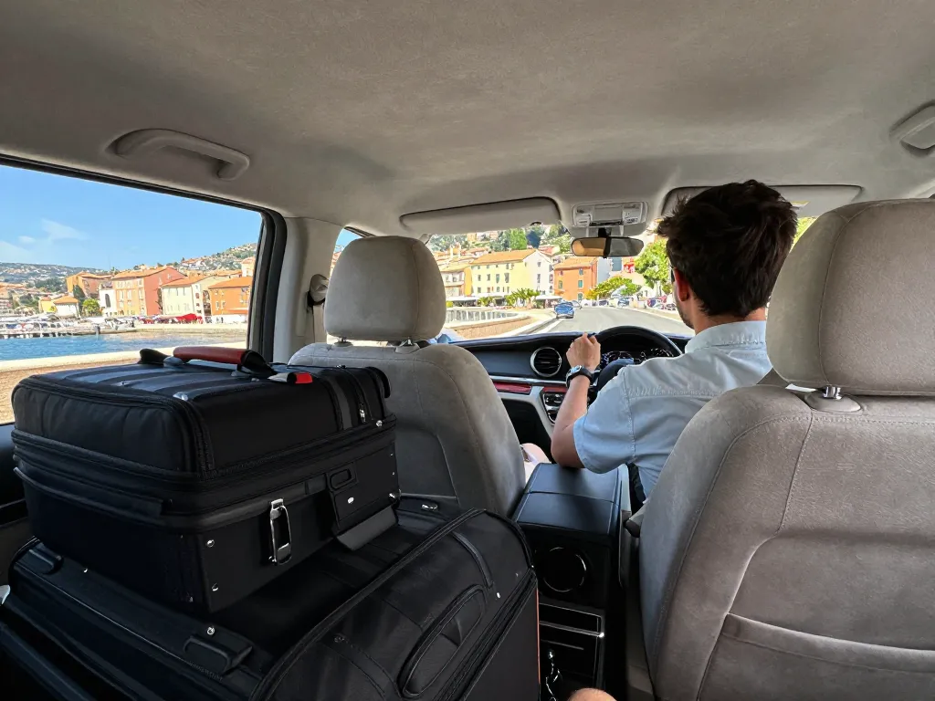 Trajet en taxi de luxe à Saint-Tropez, mettant en valeur le confort et des vues panoramiques
