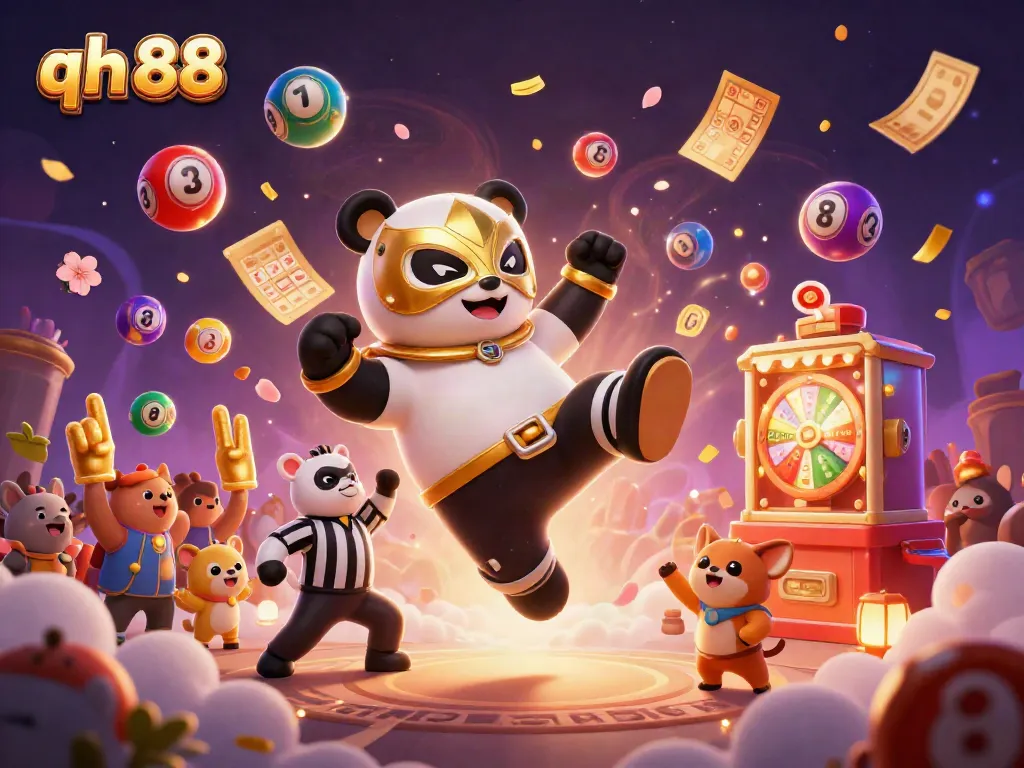Experience excitement at qh 88 with a vibrant casino scene featuring a panda wrestler and dynamic game elements.