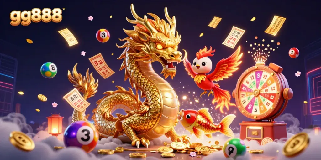 Engage in thrilling gameplay at gg888 with a dynamic 3D casino illustration featuring vibrant lottery balls and classic games.