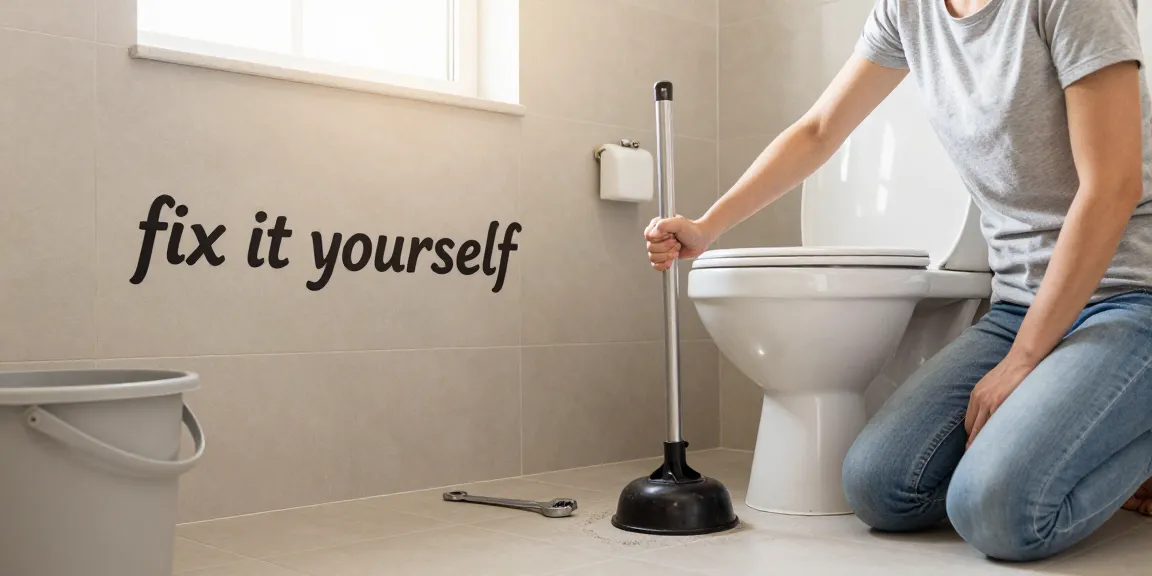 Een verstopte wc wordt opgelost met een plunjer in een nette badkamer.