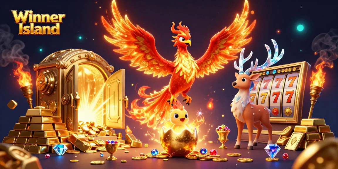 Experience the thrill of Winner Island Casino with vibrant characters and dynamic gambling elements in a rich, colors-filled scene.