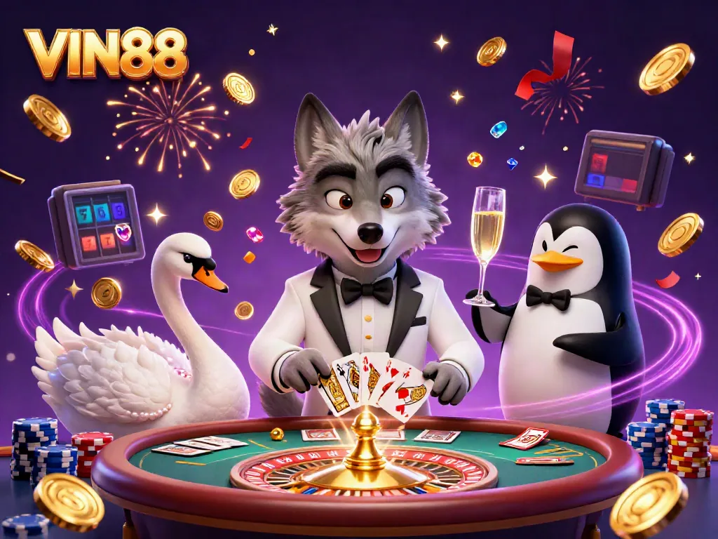 Experience thrilling games at VIN88 with a debonair wolf, swan dealer, and penguin sommelier.