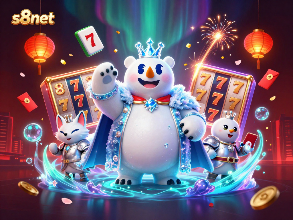 Experience jackpot excitement at s8net with a thrilling illustration of a royal polar bear and fox amidst vibrant casino elements.