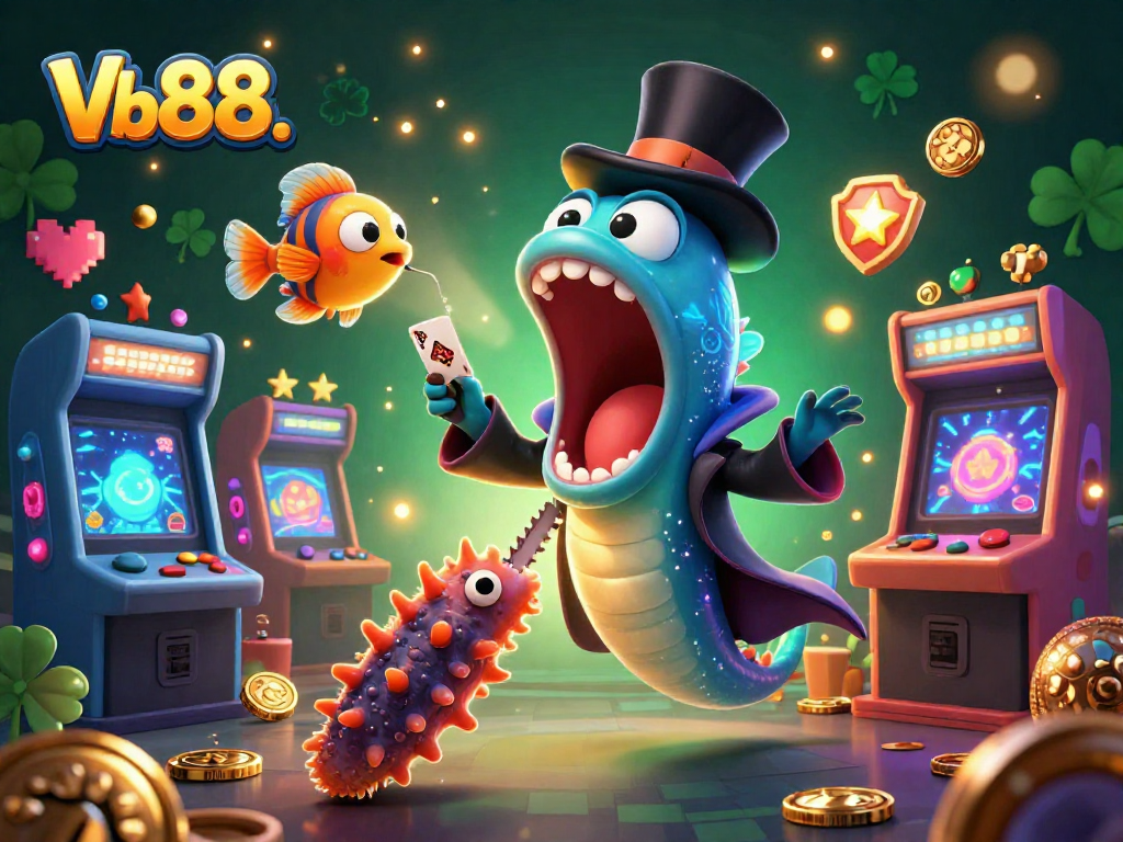 Experience the thrill with Vb88. as a glowing eel performs magic tricks amidst colorful casino elements.