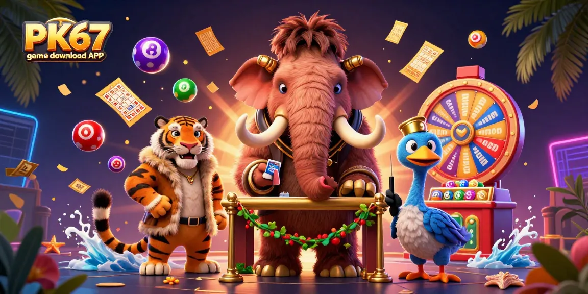 Play the PK67 game download APK with a vibrant 3D casino illustration featuring engaging characters and exciting game elements.