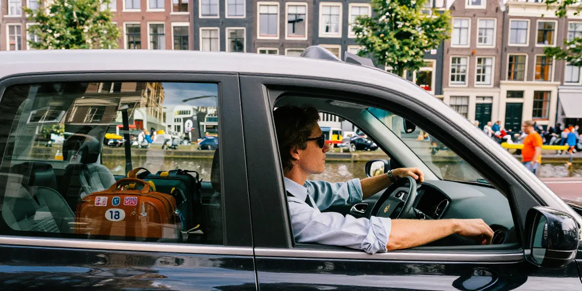 Taxi Amsterdam scène met een reiziger die geniet van de rit door de stadsstraten.