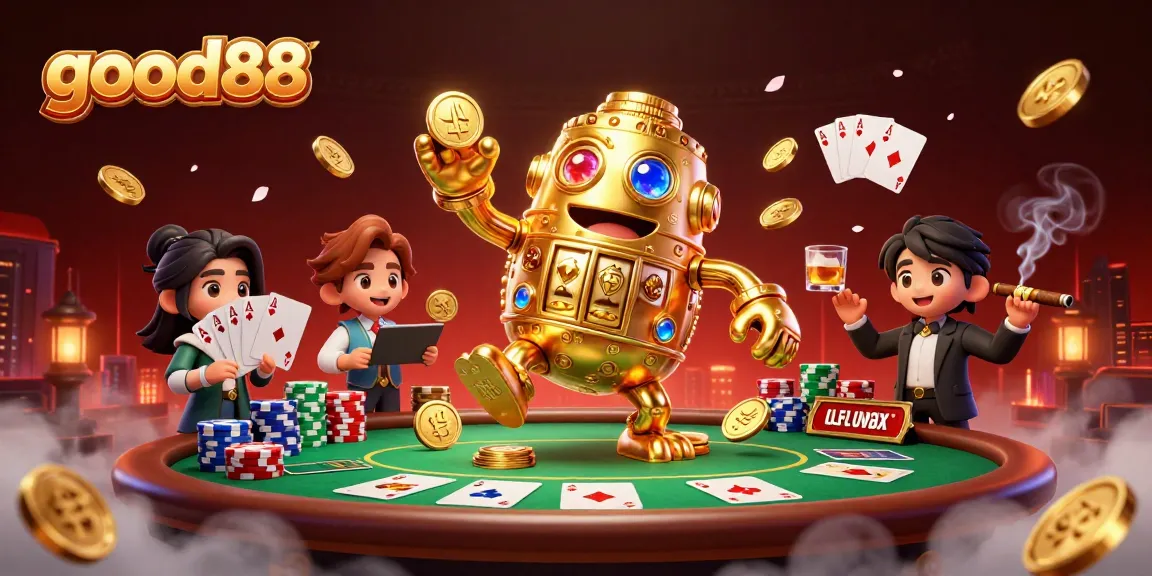 Engage with good88's exciting casino world featuring a dynamic golden golem and poker elements.