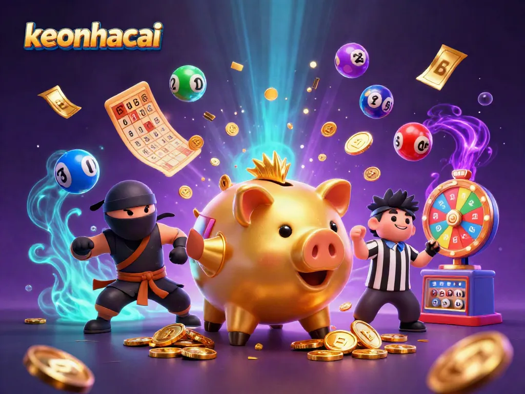 Experience victory with keonhacai as a golden piggy bank sumo wrestler triumphs among colorful lottery elements.