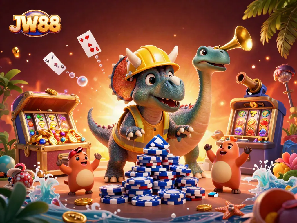 JW88 inspires fun with vibrant 3D characters celebrating wins at a casino.