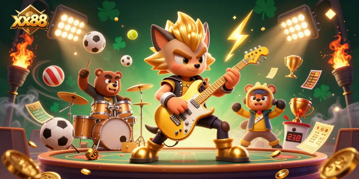 Experience thrilling gameplay at xx88 with colorful 3D characters and dynamic casino elements, showcasing an electric atmosphere.
