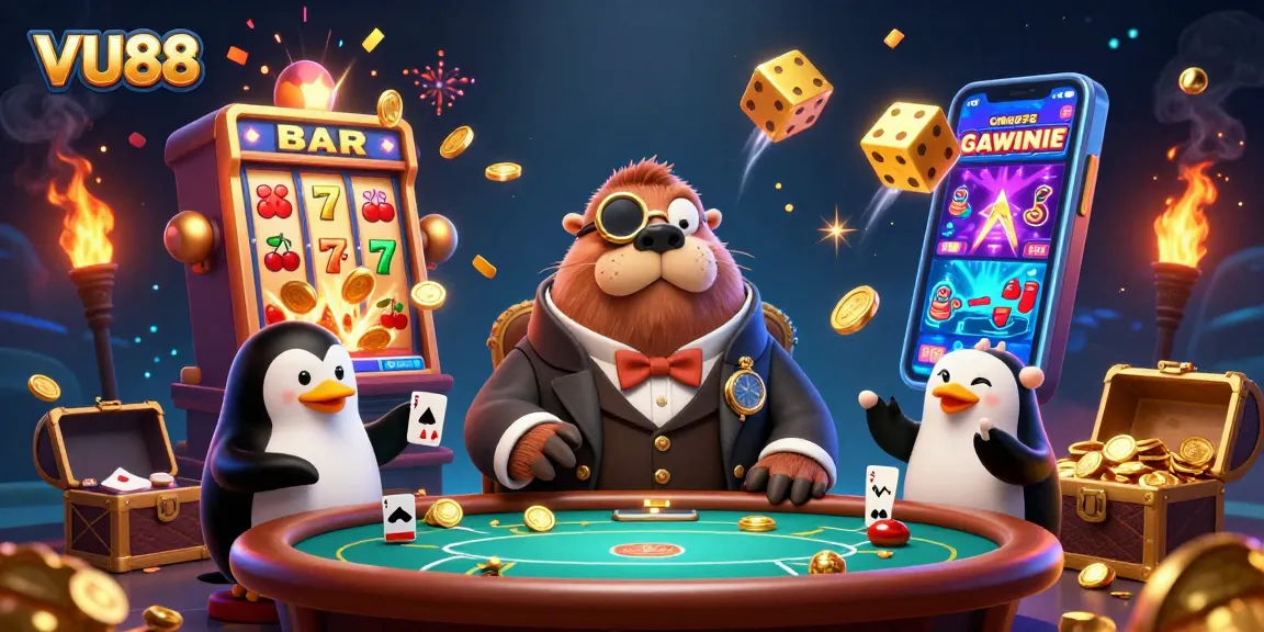 VU88 players explore fun at an underwater poker table with a walrus, penguin dealer, and exciting casino elements.