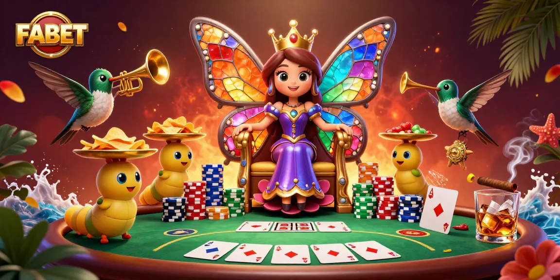 Experience FABET's vibrant casino world with a colorful butterfly queen surrounded by poker elements.