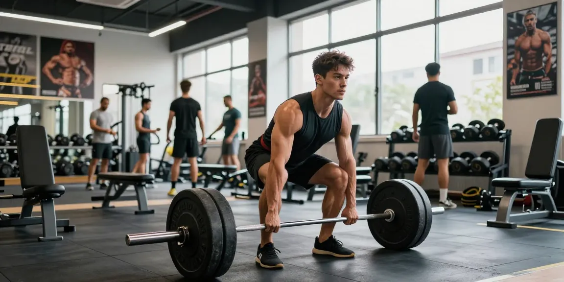 Prime Pharma Steroiden athlete lifting weights in vibrant gym environment, showcasing fitness dedication.