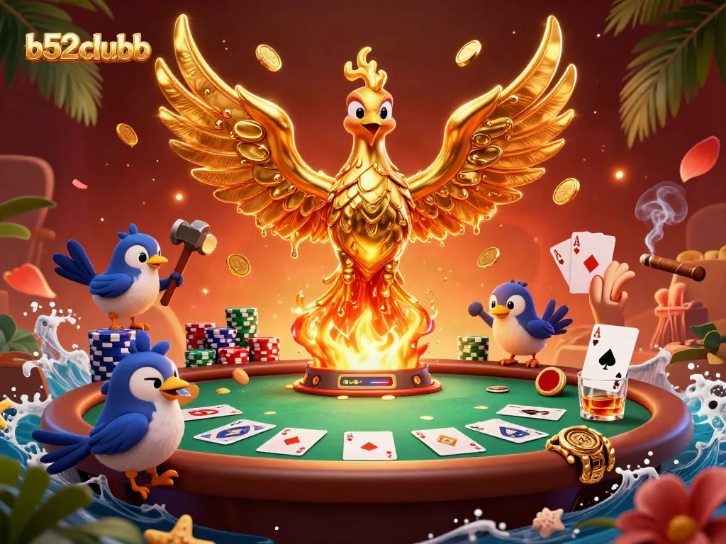 Win big with b52clubb in a vibrant 3D casino scene featuring a molten phoenix and poker chips.