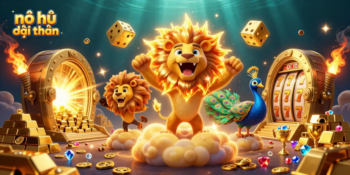 Experience the excitement of nổ hũ đổi thưởng as joyful slot reels spin amidst treasures and golden creatures.