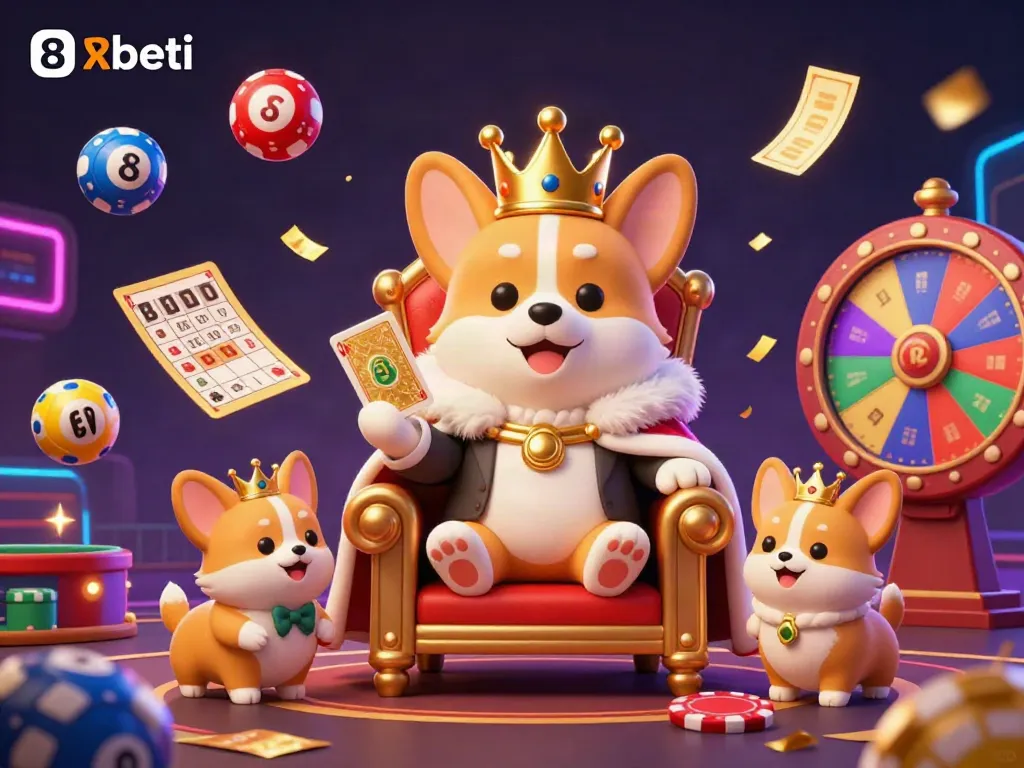 Experience the excitement of 8xbeti with a royal corgi and vibrant casino elements in this vivid illustration.