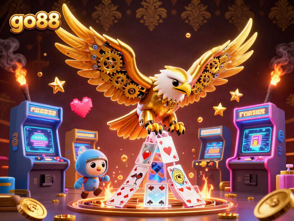 Engage in thrilling go88 adventures featuring a cybernetic golden eagle soaring through holographic cards.