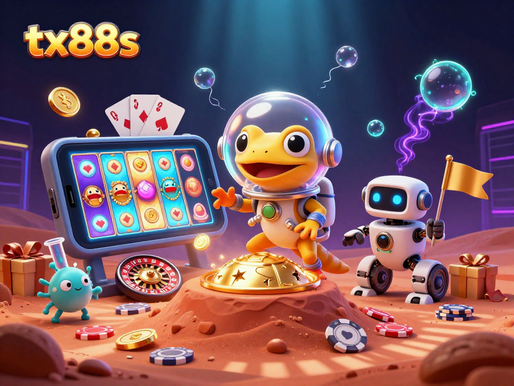 Experience tx88s excitement as a Martian gecko explores a hidden casino amid vibrant gaming elements.