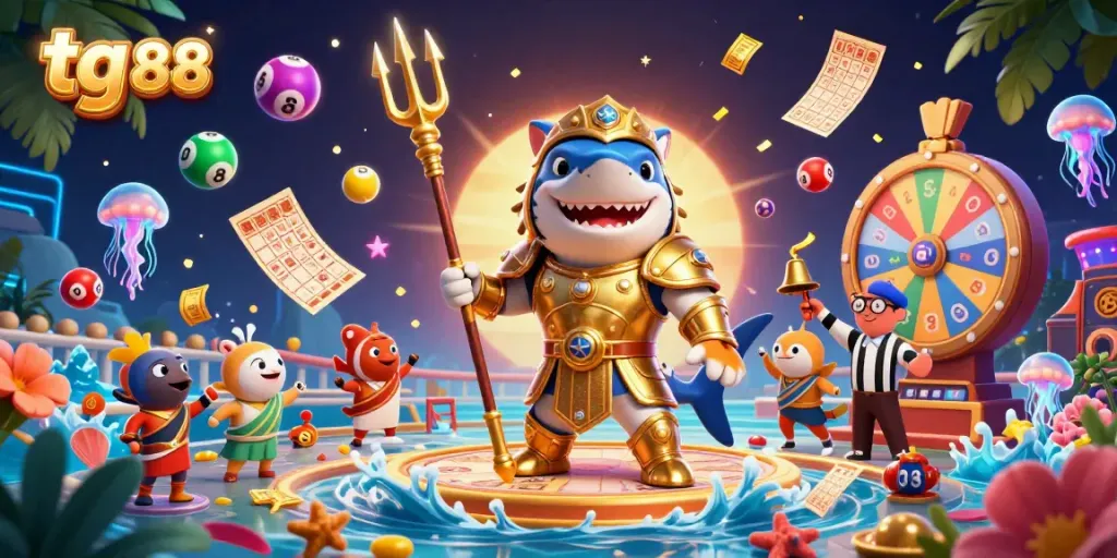 Engage with tg 88 in an exciting underwater casino scene featuring a golden gladiator shark among colorful game elements.