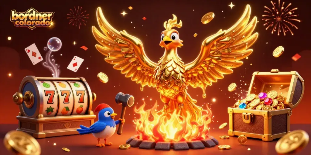 Experience the thrill of bordnercolorado with a dynamic scene featuring golden phoenix and casino elements.