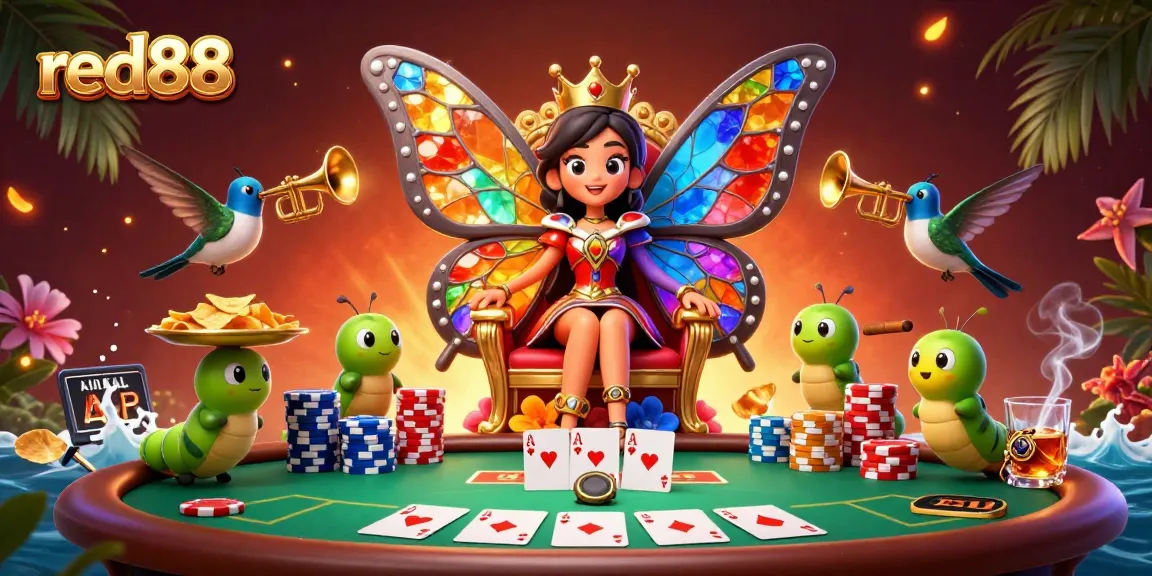 Experience red88, a vibrant online casino scene with a butterfly queen and poker elements.