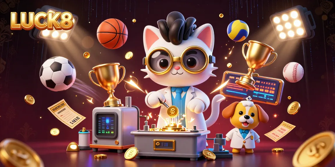 Spin to win at LUCK8 with a thrilling casino scene featuring gold-coin replication and sports action!