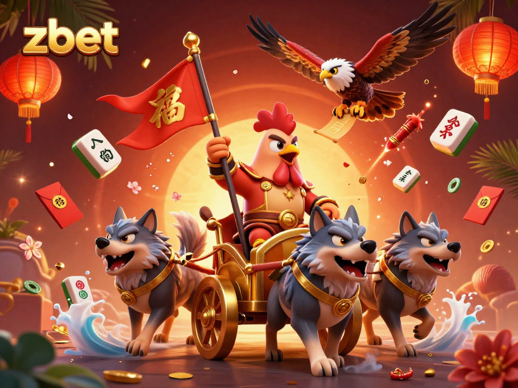 Experience zbet's thrilling adventures with a dynamic rooster warlord scene packed with casino elements.