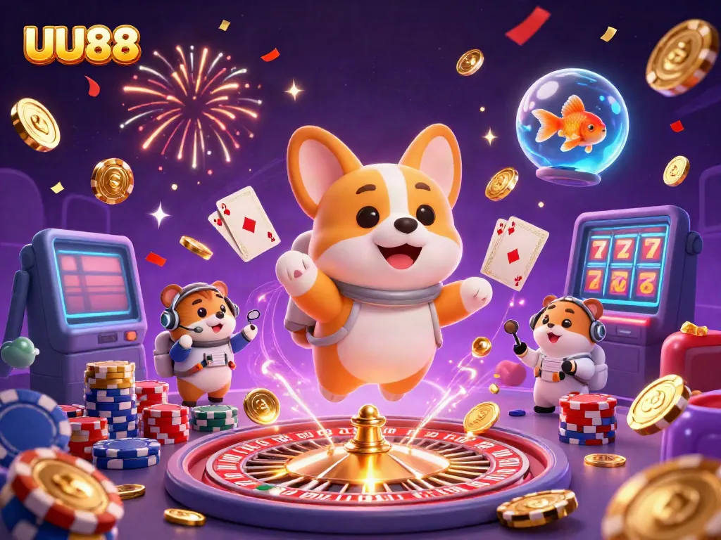 UU88 astronaut corgi explores a space station casino filled with drifting poker chips and coins