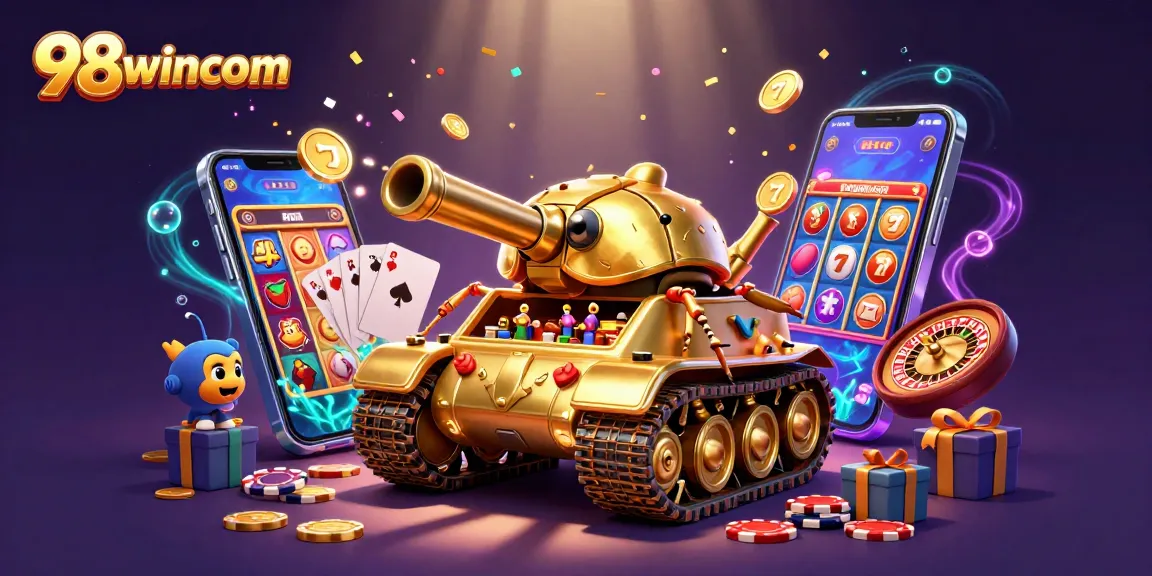 Engage with 98wincom's thrilling casino world inside a golden beetle tank illustration.