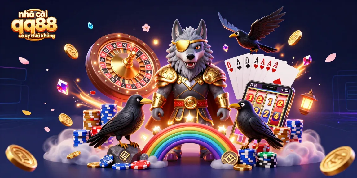 A captivating 3D scene portraying nhà cái qq88 có uy tín không, featuring Odin wolf and casino elements for immersive gaming.
