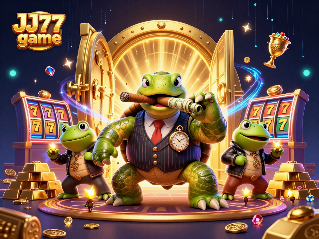Experience the thrill of the JJ77 game with a colorful casino scene featuring a snapping turtle mobster.