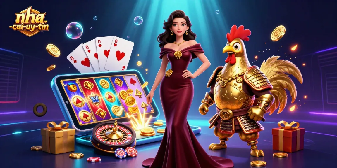 Engage with the top nha-cai-uy-tin in a vibrant online casino scene featuring glamorous characters and dynamic game elements.