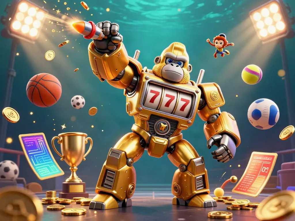 Engage with the explosive action of 789club-88 in a vibrant gaming scene featuring a golden gorilla mech and dynamic sports elements.